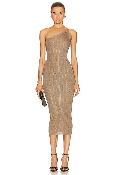 Shop Alessandra Rich One Shoulder Dress In Gold