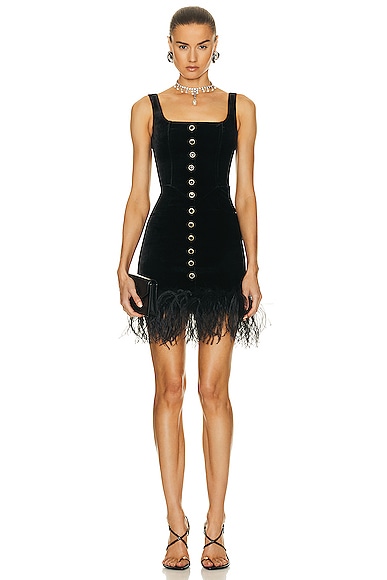 Alessandra Rich Velvet Mini Dress With Feathers in Black