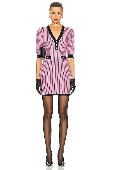 Alessandra Rich Pinstripe Knitted V Neck Mini Dress in Pink & Black