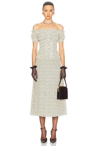 Alessandra Rich Off The Shoulder Midi Dress in Cream & Black
