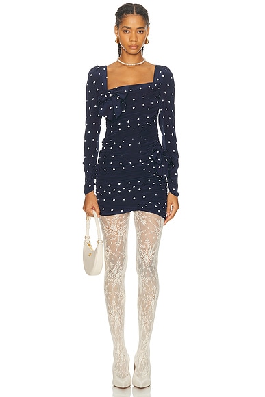 Alessandra Rich Long Sleeve Mini Dress in Navy Blue & White