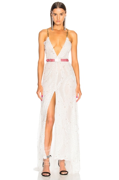 Crystal Embroidered Plunging Lace Gown