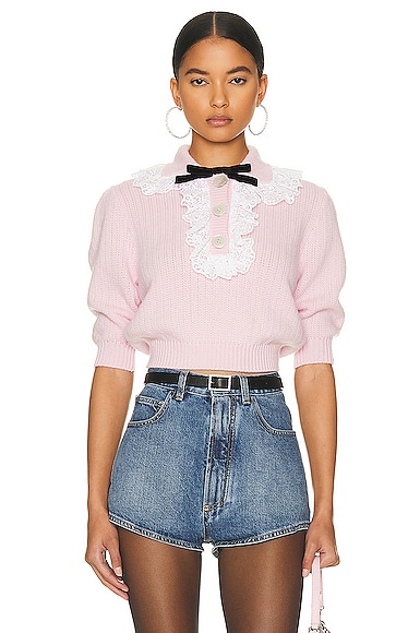 Knitted Jumper With Collar And Lace Volant