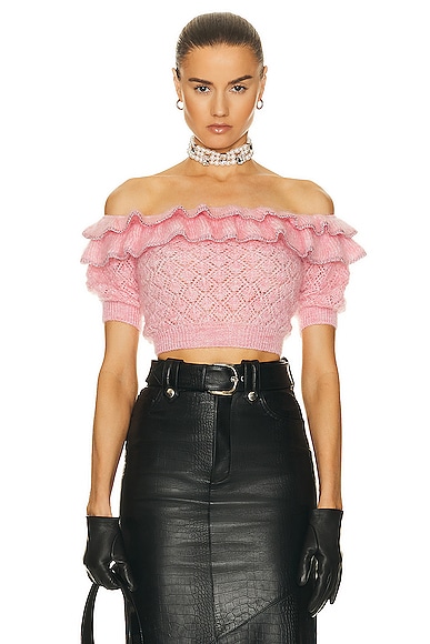ALESSANDRA RICH LACE KNIT OFF THE SHOULDER TOP