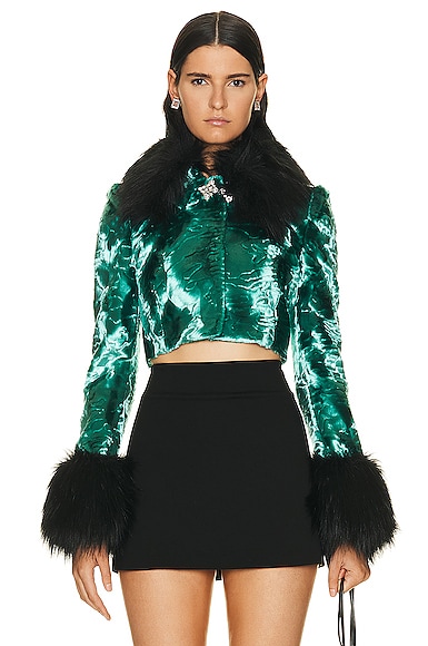 Alessandra Rich Faux Fur Cropped Jacket in Teal
