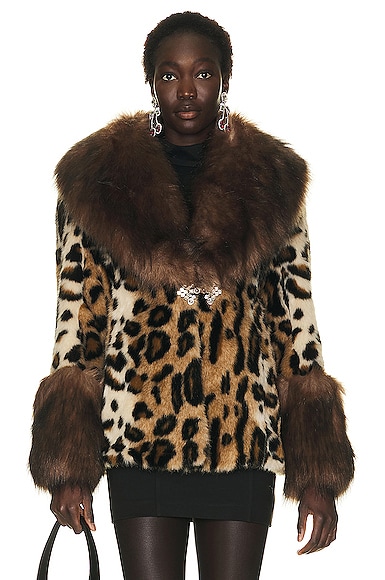 Alessandra Rich Faux Leopard Fur Coat in Brown