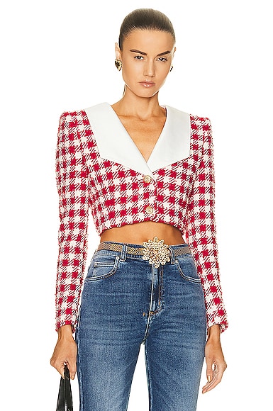 Alessandra Rich Vichy Tweed Cropped Jacket With Mikado Collar in Red