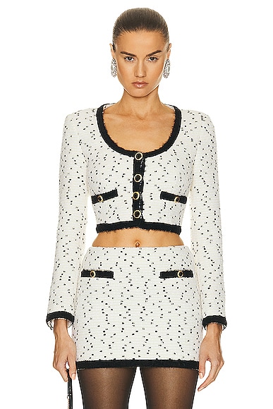 Alessandra Rich Tweed Boucle Cropped Jacket in Ivory & Black