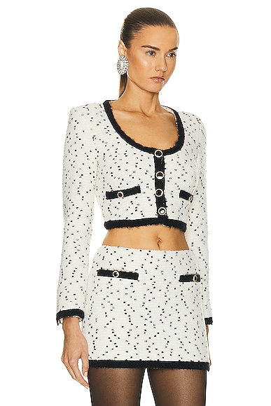 Shop Alessandra Rich Tweed Boucle Cropped Jacket In Ivory & Black