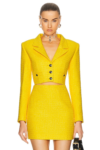Checked Tweed Boucle Cropped Boxy Jacket in Mustard