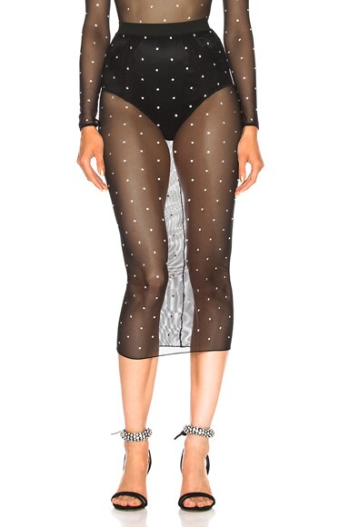 Alessandra Rich Mesh Skirt with Crystals in Black | FWRD