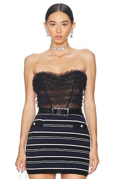 Alessandra Rich Ruched Tulle Bustier Top in Black