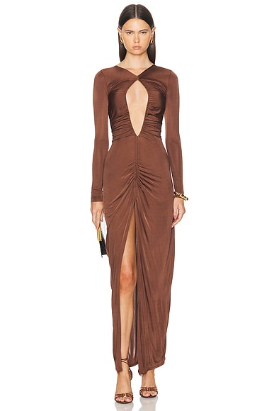 Shop Atlein Cut Out Ruched Gown In Bronze