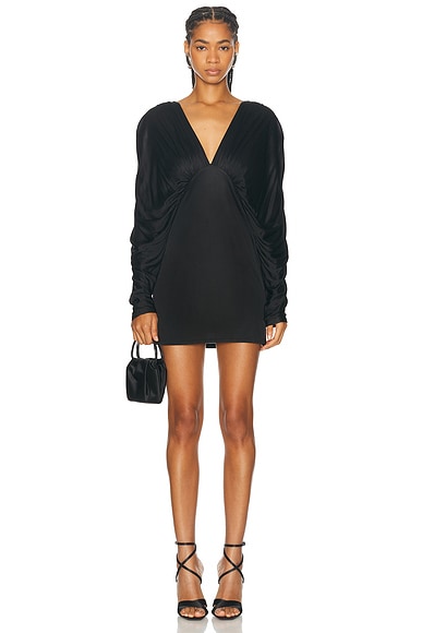 Atlein Draped V-neck Mini Dress in Black