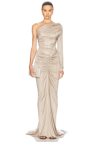 Atlein One Sleeve Ruched Gown in Poussiere