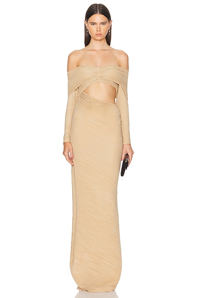 Shop Atlein Off The Shoulder Pleated Gown In Coa Ivory