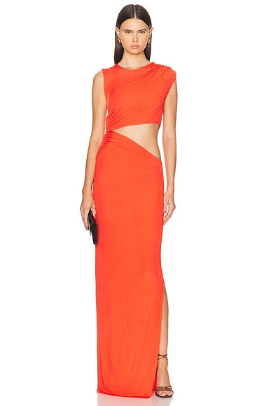 Shop Atlein Cut Out Sleeveless Long Dress In Red