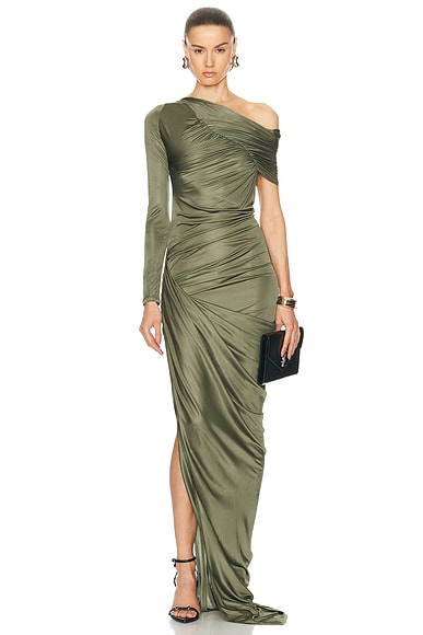 Atlein Off The Shoulder One Sleeve Ruched Gown In Mousse