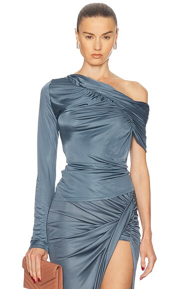 Emilio Pucci One Shoulder Top in Blue & Celeste | FWRD Emilio Pucci One Shoulder Top in Blue & Celeste | FWRD