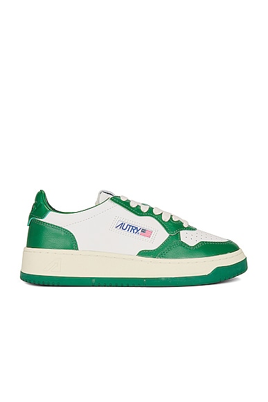 Shop Autry Medalist Low Sneaker In Leather  Leather White  & Green