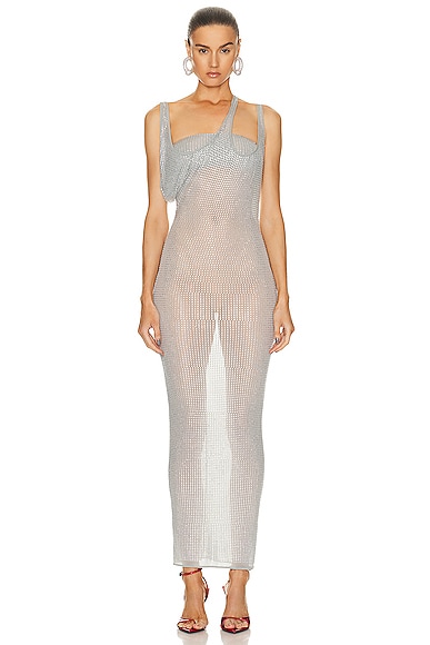 Shop Attico Hotfixed Crystal Midi Dress In Pearl Grey