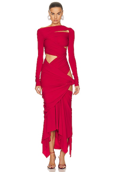 THE ATTICO Long Sleeve Midi Dress in Vibrant Red