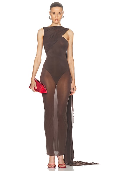 THE ATTICO Draped Midi Dress in Dark Brown | FWRD