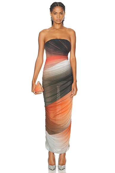 THE ATTICO Strapless Midi Dress in Orange, Brown, & White Gradient