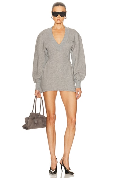 THE ATTICO Long Sleeve Fleece Mini Dress in Melange Grey