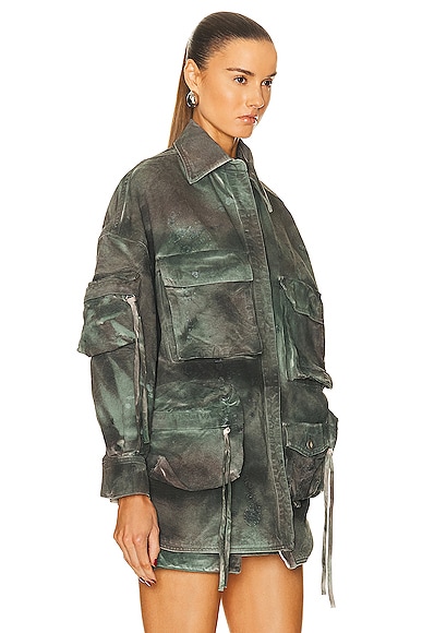 Shop Attico Fern Short Coat In Stained Green Camouflage