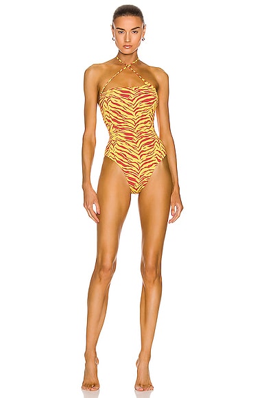 Zebra Print Asymmetric Neckline Swimsuit