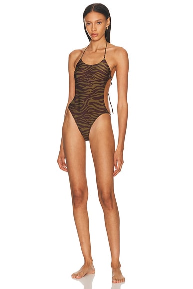 THE ATTICO Zebra Printed One Piece Swimsuit in Dark Green & Dark Brown