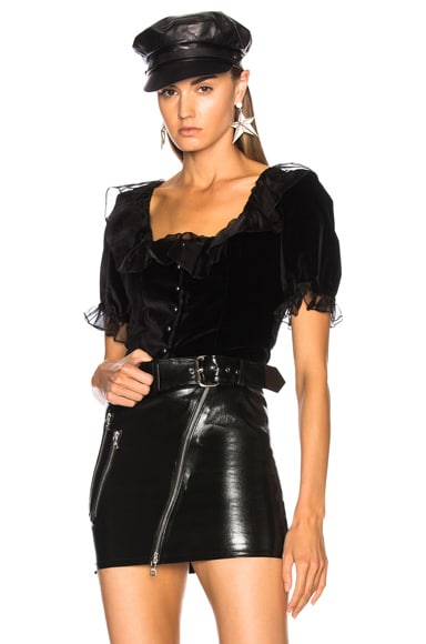 Velvet Cropped Frill Button Front Blouse