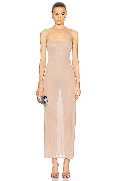Cami Slip Dress With Clear Bead Hotfix in Metallic Gold