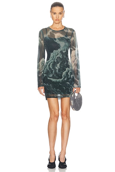 BALMAIN Ribbed Long Sleeve Mini Dress in Holographic Silver Black FWRD