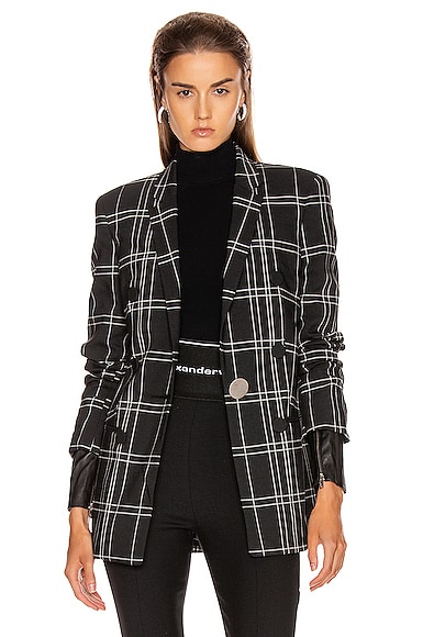 Peaked Lapel Blazer with Leather Sleeves