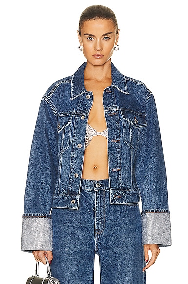 Alexander Wang Rounded Trucker Jacket With Crystal Cuff In Deep Blue