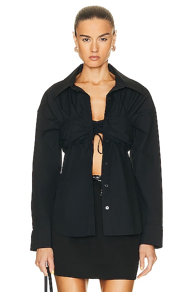 Ruched Bandeau Shirt In Compact Cotton In Black