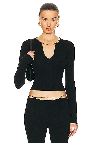 Shop Alexander Wang V Neck Long Sleeve Top With Logo Necklace In Black