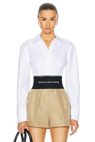 Shop Alexander Wang Long Sleeve Copped Button Up Top In White