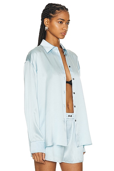 Shop Alexander Wang Oversized Top W/ Tulle Cut Out Back Panel In Shine Blue