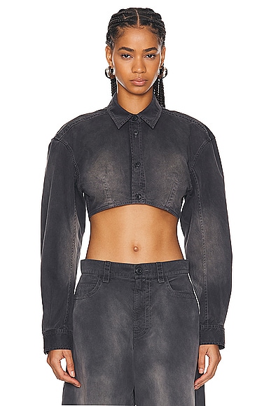 Long Sleeve Cropped Top With Dart Detailing in Black