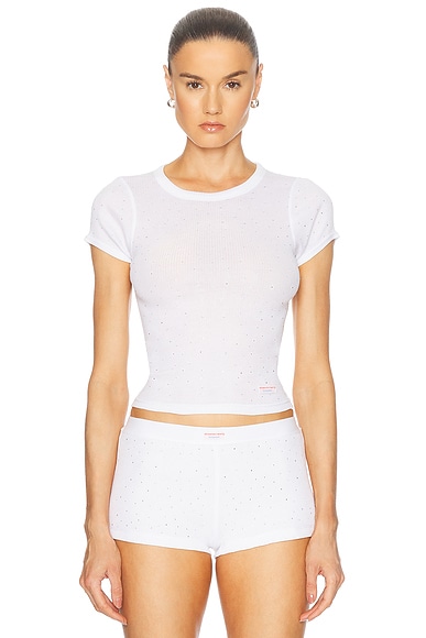 Alexander Wang Crystal Hotfix Short Sleeve Crewneck Tee in White