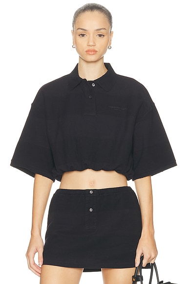 Alexander Wang Deconstructed Polo Shirt in Black Overdyed Stripe