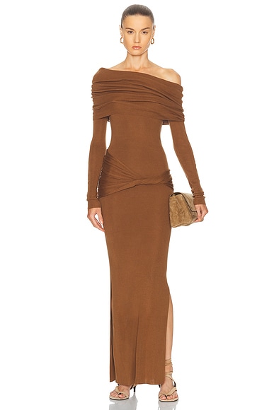Aya Muse Off Shoulder Maxi Dress in Chocolate