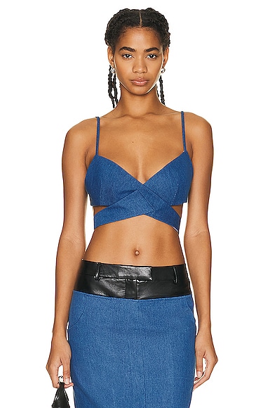 Aya Muse Blue Cross Front Denim Cropped Top