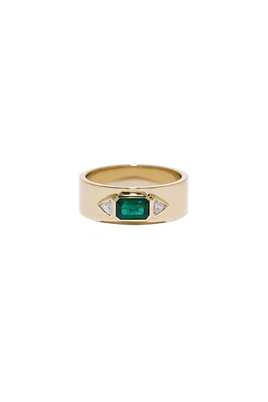 AZLEE Emerald NESW Diamond Ring in 18k Yellow Gold, Emerald, & Diamond