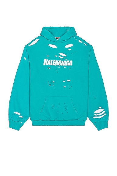 Balenciaga Logo Destroyed Cotton Hoodie In Turquoise White | ModeSens