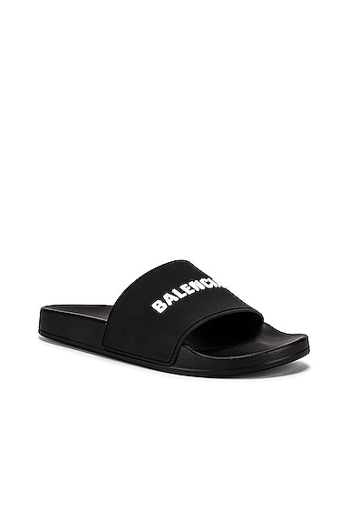 Shop Balenciaga Logo Pool Slide In Black & White