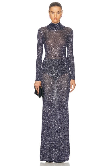 Balenciaga Sequins Knit Maxi Dress in Navy & Silver